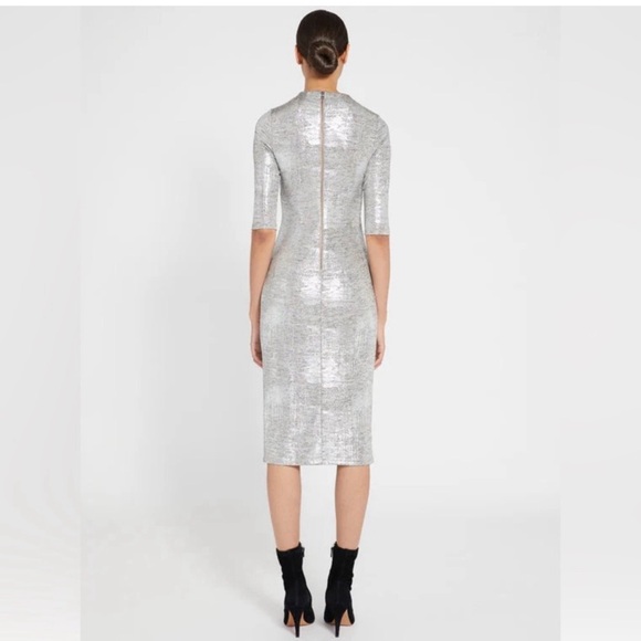 Alice + Olivia Delora Fitted Mock Neck Silver Midi Dress Size 10 - Picture 8 of 16